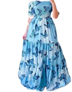 Verano de gran tamaño hombro abierto estampado flor rota bordado largo hasta el suelo ropa de calle de playa cintura Natural para mujer - Product Image 1