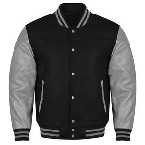 Varsity Letterman Men's Wool Leather Jacket with <b>Turn</b>-Down Collar <b>Button</b> Pockets High Street Style Real Black Leather Coating - Product Image 3