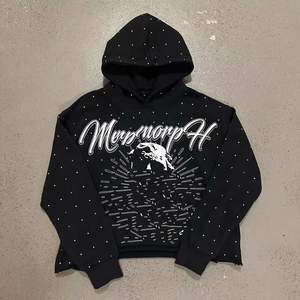 Sweat à capuche épais en éponge pour hommes avec broderie de détresse Streetwear Bling Rinestoned fermeture éclair complète avec logo et strass - Product Image 6