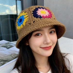 Crochet Unisex Elegant Floral Cotton <b>Sunscreen</b> Hand-Knitted Autumn Winter Warm Bucket Hat Character Stylish Casual - Product Image 1