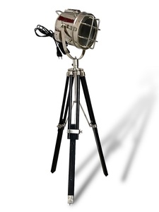 Elegant Steel Glass And Wood Spot Light 8 Inch Mounted On Foldable Wooden Stand Decorative Industrial Floor Lamp - Product Image 1