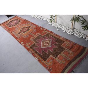 Turkish Herki Rug 2.7x10.4 ft, <b>Red</b> Brown Animal Print <b>Wool</b> Vintage Rug - Product Image 3