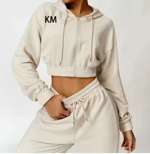 Vente en gros Ensemble de 2 pièces personnalisé pour femmes impression bouffante sweats et sweats à capuche unis vierges courte longueur avec décoration en lacets - Product Image 5