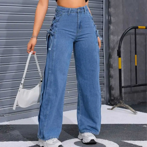 Pantalones vaqueros de pierna recta para mujer de talle alto diseño personalizado detalles de encaje lateral transpirable de alta calidad pantalones vaqueros de mujer estilo holgado - Product Image 2