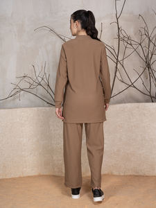 2025 nuevo estilo Casual Color sólido marrón 100% poliéster acanalado invierno cordón conjuntos mujeres musulmanas pantalones modestos y conjunto Kurta - Product Image 3