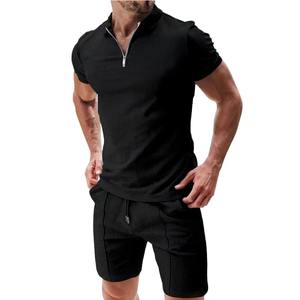 Pantalones cortos de manga corta para hombre europeos y americanos, Camiseta de cuello suelto de color sólido gofre de verano, traje deportivo informal para hombre - Product Image 1