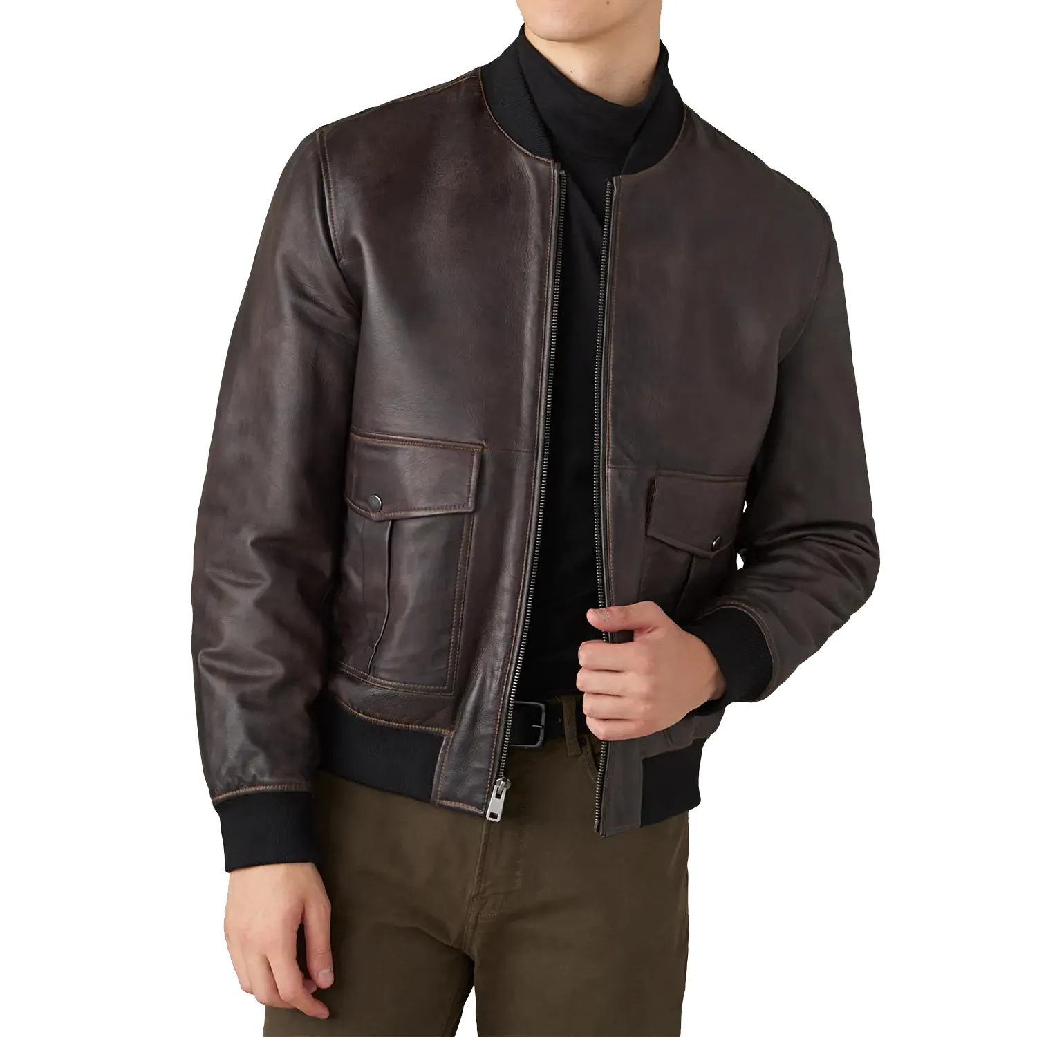 Men Real Leather Jackets Wholesale Leather Fashion Jacket in Bomber Style Genuine Cowhide Leather Jacket