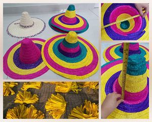 Chapeau de cowboy mexicain en jonc de mer tressé, broderie à la main, rayures colorées, pompon, unisexe, 48-50 cm - Product Image 1