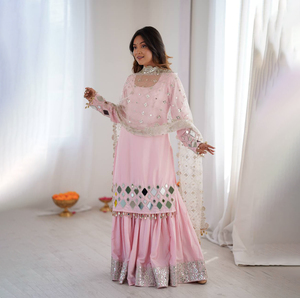 Latest Indian Embroidery Stitched Sharara Gharara <b>Kurti</b> Set Georgette Fabric Red Party Ethnic Wear Reversible Real Mirror - Product Image 1