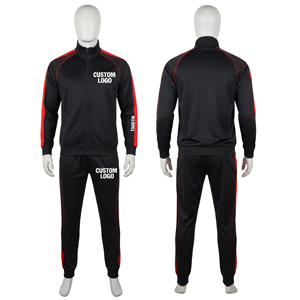 Survêtement unisexe personnalisé noir et rouge, style décontracté, fermeture éclair intégrale, 100 % polyester, extensible dans quatre directions, léger, séchage rapide, coupe classique, été - Product Image 1