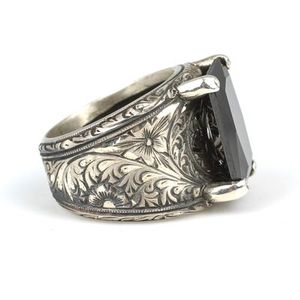 925 Oniks Tal Kalemli Dikdrtgen Erkek Yzk Geometric Pattern Rhodium Plated with <b>Emerald</b> Cut Diamond Everyday Wear - Product Image 4