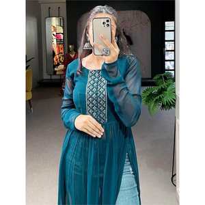 Kurti de fête en georgette brodée bleu sarcelle séduisant pour les tenues de club - Product Image 2