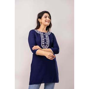 Chemisiers et chemises droits Kurti bleu marine et blanc brodés Chawal Taka Viscose Rayon pour femmes - Product Image 4