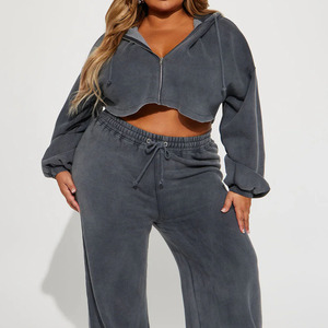 Conjunto de mujer al por mayor chándal recortado con cremallera informal lavado de manga larga/chándal de dos piezas transpirable de alta calidad para mujer - Product Image 3