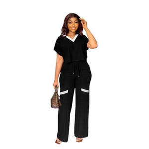Camiseta de manga corta informal de color sólido conjunto deportivo pantalones de pierna recta conjunto de dos piezas de verano para mujer - Product Image 1