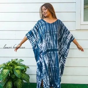 Dress Maxi Kaftan wanita, Gaun pantai ikat celup panjang untuk liburan