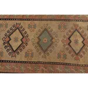Turkish Vintage <b>Runner</b> Rug 3x9.4 ft, Brown <b>Green</b> Patchwork Wool Rug - Product Image 4