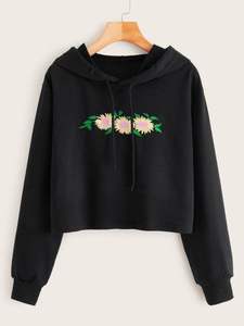 Sudadera corta de algodón 100% para mujer, Sudadera corta de manga larga con hombros descubiertos, sudaderas Hoodi - Product Image 4