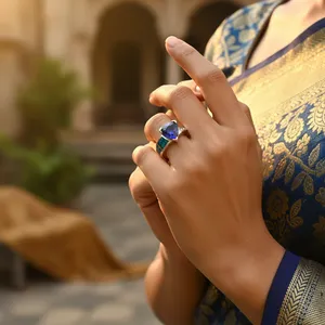 "Geometric Rhodium-Plated Tanzanite & Opal <b>Statement</b> <b>Ring</b> for Women" - Product Image 1