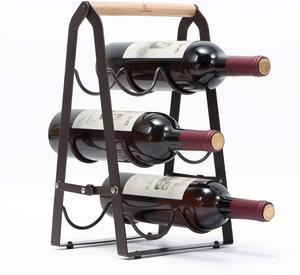 Cesta de vino para almacenamiento de botellas de decoración del hogar, soporte para 6 botellas de vino con mango de madera recubierto de polvo negro de Metal para Bar - Product Image 1