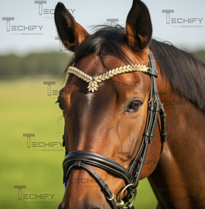 Bandeau de tête de cheval en cuir noir de luxe avec feuille de cristal champagne en forme de V |   Accessoire de bride équestre haut de gamme - Product Image 5