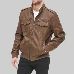 Classic <b>Brown</b> Faux <b>Leather</b> Bomber <b>Jacket</b> for <b>Men</b> with Zipper Pockets and Ribbed Cuffs Stylish Lightweight Outerwear - Product Image 3