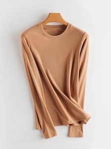 Camiseta de Cuello Alto para Mujer, Otoño Invierno 2024, 100% Algodón Jersey, Mezcla de Seda Real, Mangas Largas, Básica, Lisa, para Usar como Capa Inferior - Product Image 5