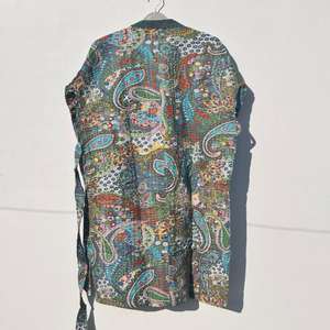 Handmade Boho Kantha Coat for Women Long Cotton Kimono <b>Quilted</b> Indian Robe with Colorful Grey Paisley Pattern Best Winter Gifts - Product Image 5