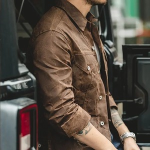 Chaqueta Masculina de Lona y Cuero PU Color Caqui Claro, Estilo Retro, Cierre de Cremallera Encerada, Estampado, Delgada, Impermeable, de Secado Rápido, para Trabajo Informal de Invierno - Product Image 2