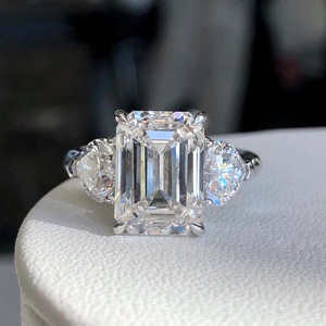 <b>Emerald</b> Cut Diamond Engagement <b>Ring</b> 8x10mm | Three Stone <b>Ring</b> Pear Cut Sides | Sterling <b>Silver</b> 18K Gold Plated Band Bridal - Product Image 1