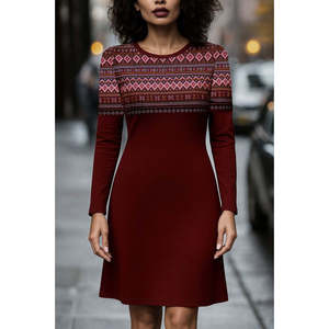 Vestido corto de forro polar con estampado étnico y cuello redondo de manga larga para mujer, 28636 - Borgoña - Product Image 3