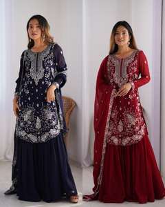 Nouveau Designer Party Wear Faux Georgette Heavy Thread avec haut à manches longues brodé et Sharara avec Dupatta Heavy Indian Wear - Product Image 5