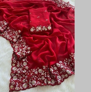 Dernière exclusivité indienne traditionnelle Crush soie Saree doux broderie séquence travail superbe ethnique mariée mariage Sari pour les femmes - Product Image 1