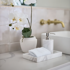 Plateau de toilette en marbre écologique de luxe en deux parties pour parfum, bijoux et décoration intérieure, articles de toilette modernes pour hôtel et plateau de service - Product Image 6