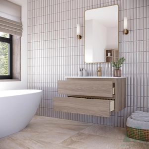 Meuble-lavabo de salle de bain moderne en bois mural avec 2 tiroirs sans poignée Design minimaliste prêt à assembler - Product Image 4