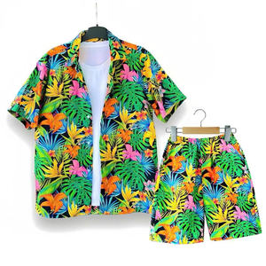 T-shirt d'été décontracté à motif de feuilles tropicales pour hommes, tissu tissé court pour les vacances à la plage et les sorties en famille - Product Image 4