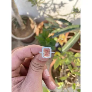 925 <b>Silver</b> Fine Jewelry <b>Emerald</b> Cut Morganite Boho Style <b>Ring</b> Geometric Pattern Bezel Setting - Product Image 2