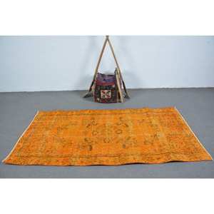 Alfombra turca Vintage de 3,7x7,3 pies, diseño clásico de retazos naranja, área grande, tejido plano de lana, respaldo de látex para uso en el pasillo del coche - Product Image 3