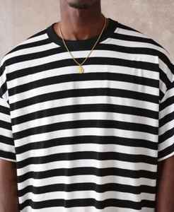 T-shirt décontracté tendance pour homme, 100% coton, col rond, coupe ample, rayé, jersey, manches courtes, mode estivale, streetwear - Product Image 3