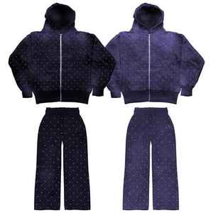 Sweat à capuche avec strass personnalisé d'hiver, délavé à l'acide, imprimé sur toute la surface, et pantalon de survêtement évasé, ensemble de survêtement unisexe - Product Image 5