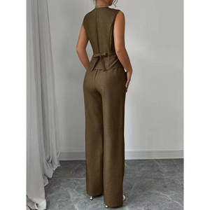 Ensemble deux pièces en lin pour femmes, chemisier sans manches boutonné devant et pantalon, 37765 - Café - Product Image 6
