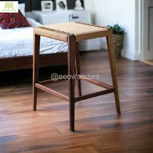 Taburete otomano de madera Natural ecológico, taburete de madera para entrada, taburete otomano de punto con cuerda de algodón, consola con incrustaciones de hueso - Product Image 6