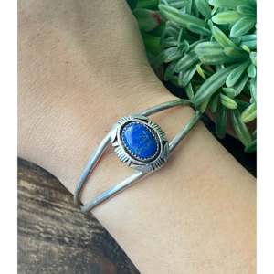 Vintage Navajo Fashion <b>Cuff</b> <b>Bracelet</b> Handmade with Lapis and Sterling <b>Silver</b> - Product Image 2