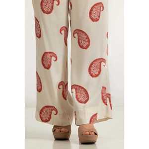 กางเกงลำลองขาบานเอวสูงสำหรับผู้หญิง ผ้าเมลโลดี้แชมเบรย์พิมพ์ลายสีแดง ดีไซน์ทรงตรง ระบายอากาศได้ดี ตกแต่งด้วยลวดลาย - Product Image 1