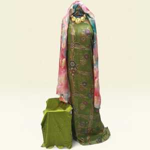 Robe de soirée somalienne de luxe en twill jacquard fransawi brun avec imprimé floral coloré et châle doré pour mariage - Product Image 3