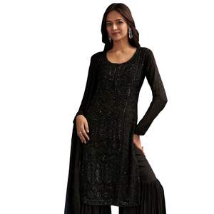 Traje negro de Palazzo pakistaní con lentejuelas adornadas Kurta y Dupatta, venta al por mayor, Ropa Étnica para mujeres, proveedor a granel de fábrica OEM - Product Image 2