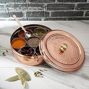 Boîte à épices en cuivre martelé artisanale pour la cuisine à domicile 7 bols d'une capacité de 100ml avec couvercle pour le stockage à bas prix - Product Image 4
