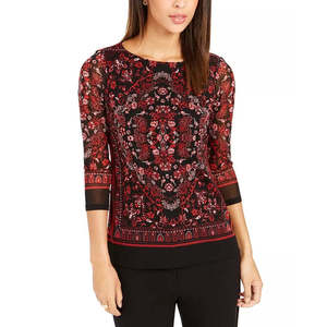 Top in Rete Stampata Rossa da Donna Charter Club, Casual con Motivo Floreale, Collo Alto Asimmetrico, Logo Ricamato, Taglia XL per l'Estate - Product Image 1