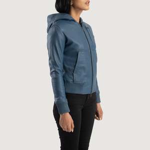 Blouson Bomber en Cuir Véritable Bleu GLOBAL LEATHER avec Capuche, Écologique, Style Urbain, Manches Longues, Fermeture Éclair, Vêtement d'Automne pour Femme - Product Image 2