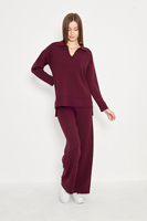 Ensemble pull en maille marron pour femme, coupe ample, col rabattu, pantalon long décontracté, respirant, pour toutes les saisons